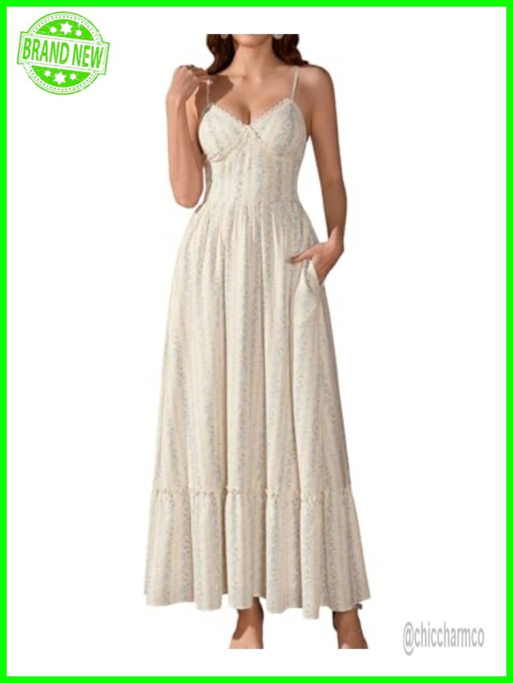 Spaghetti Strap Smocked Back A-Line Maxi Dress Wedding Guest Garden Party